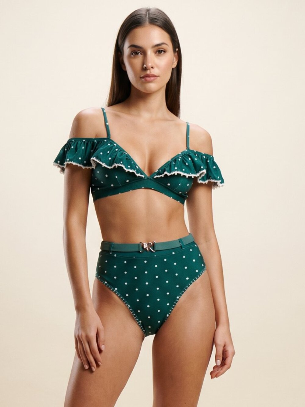 Teal Polka Dot Off-Shoulder Bikini